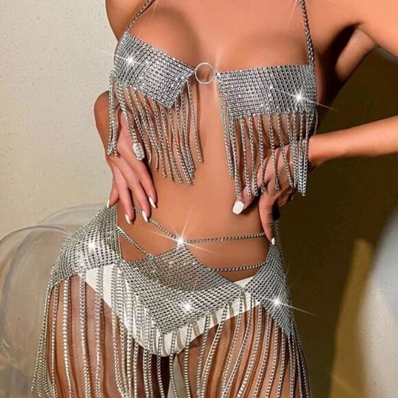 Women Sexy Sparkly Rhinestone Metal Chain Halter Top and Skirt Bodysuit  2 Piece - Picture 11 of 13